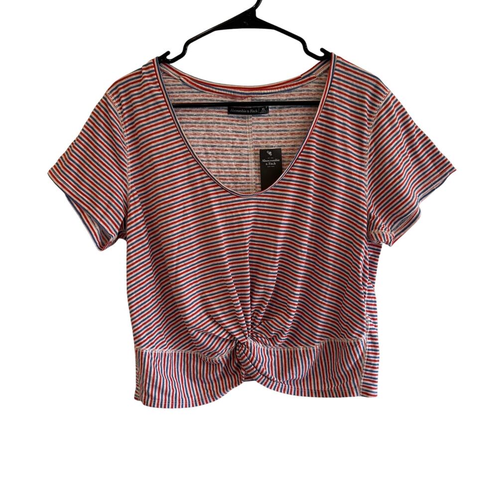 Abercrombie & Fitch NWT XL Red Blue Striped Cropped Short Sleeve T Shirt